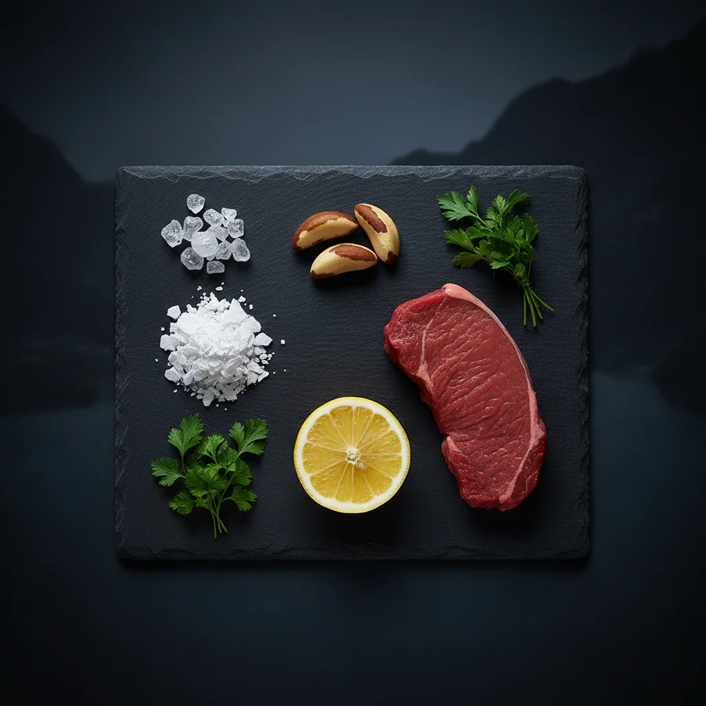 Naturliga ingredienser i Alpha Drive - magnesium, zink, selen, vitamin C, L-karnitin arrangerade på mörk stenbakgrund